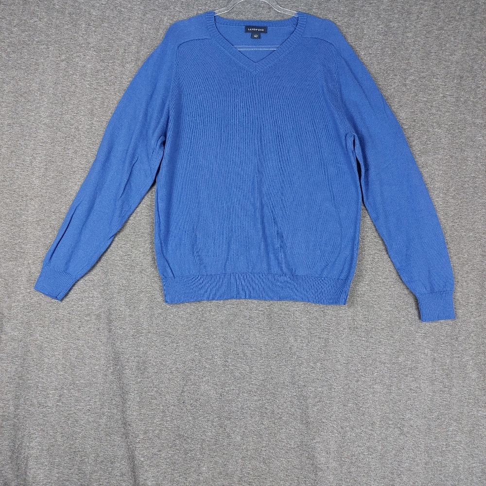 LANDS END MENS BLUE PURPLE COTTON CASHMERE BLEND VNECK PREPPY LUXURY SWEATER L